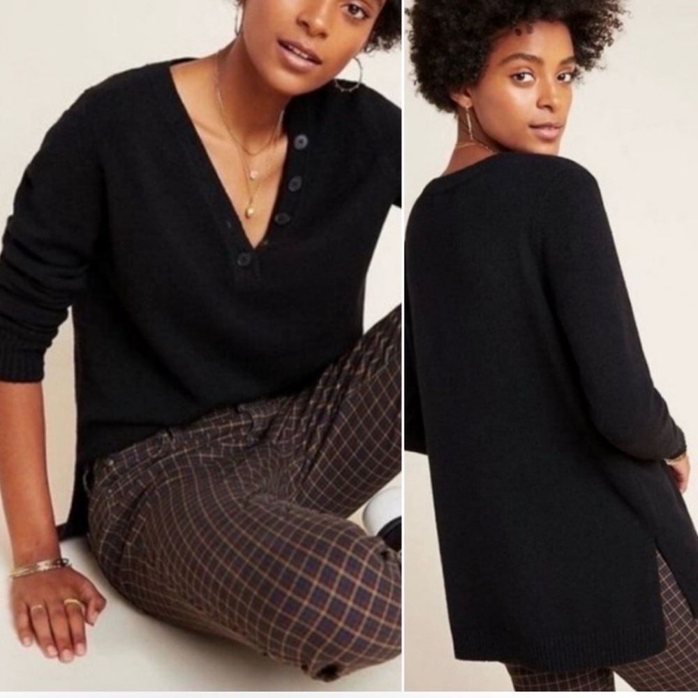 Anthropologie Serena Button V-Neck‎ Knit Sweater in Black small